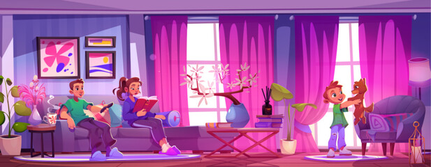 Family having rest together at home. Vector cartoon illustration of parents watching TV and reading book on couch, happy little boy playing with cute puppy, cozy living room with furniture and plants