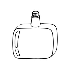 A black and white outline drawing of a rectangular perfume bottle with a cylindrical cap