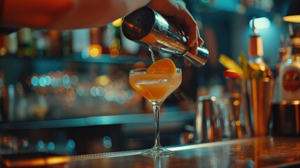 Close-up of a Caucasian professional bartender making cocktails into glasses for women at the bar.