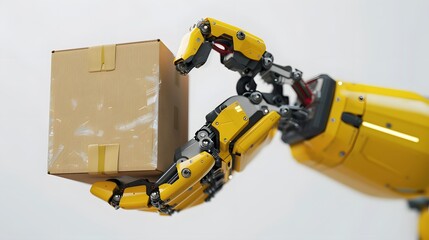 Obraz premium A yellow robotic arm holding a cardboard box against a white background.