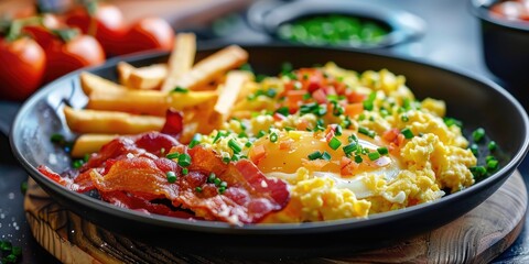 Fototapeta premium Delicious breakfast featuring fluffy scrambled eggs paired with crispy bacon and golden fries.