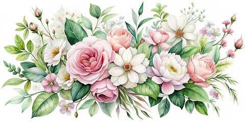 Watercolor Floral Bouquet Pink Roses, White Flowers, and Lush Greenery, floral bouquet, watercolor illustration, botanical art