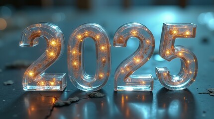 Illuminated glass numbers representing the year 2025