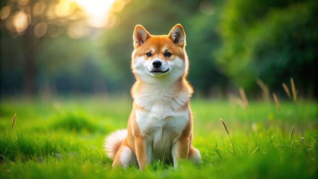 Adorable fox-like Shiba Inu dog with a fluffy orange coat and pert ears sits cutely on a lush green grass field with a calm atmosphere.