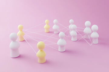 Obraz premium Colorful figures connect with lines on a pink background, illustrating communication and collaboration among people