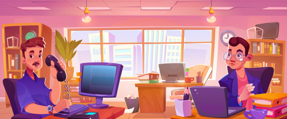Two men working at table in office room interior with computers and documents on desk, cabinet with folders and window. Cartoon vector male employee characters sitting on business workplace.