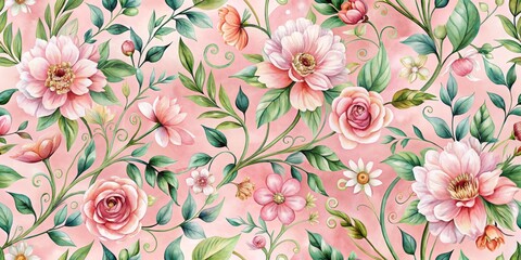 Watercolor Floral Seamless Pattern - Pink Roses, Green Leaves, Watercolor, Floral Pattern, Seamless, ,