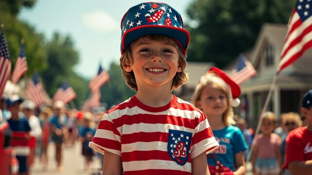 Patriotic parade in a small town, with children dressed in red, white, and blue, waving flags, and local groups participating in the procession