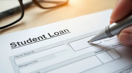 Hand filling out a student loan application form on a desk