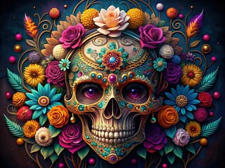Naklejka premium A highly detailed, intricately designed sugar skull adorned with vibrant flowers, ornate swirls, and glittering gemstones, set against a dark, mysterious, and dramatic background.