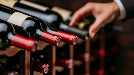 Fototapeta premium Wooden wine rack with a variety of wine bottles, hand reaching for a bottle, focus on human interaction, soft focus in the background