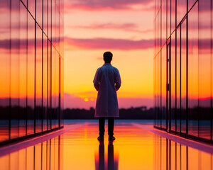 A silhouette of a doctor at sunset, reflecting on the horizon and the future, standing between modern glass buildings.