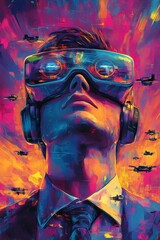 Futuristic man with virtual reality goggles, immersed in vibrant colors and technology, representing innovation and digital exploration.