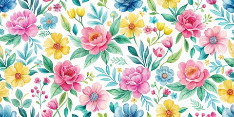 Fototapeta premium Watercolor Floral Seamless Pattern with Pink, Yellow and Blue Flowers on White Background, floral pattern, watercolor illustration, seamless background