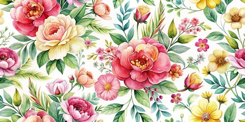 Watercolor Floral Seamless Pattern with Pink, Yellow and Green Flowers, Watercolor, Seamless Pattern, Floral, Botanical