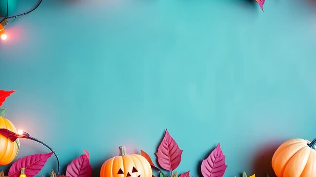 Festive autumn border featuring pumpkins, colorful leaves, and glowing lights against a serene blue background