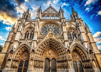 Fototapeta premium A majestic Gothic building pierces the sky, its stone facade aglow with intricate carvings, soaring arches, and delicate ribbed vaults, a masterpiece.
