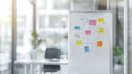 Business plan flowchart on a whiteboard in a conference room, collaborative planning session