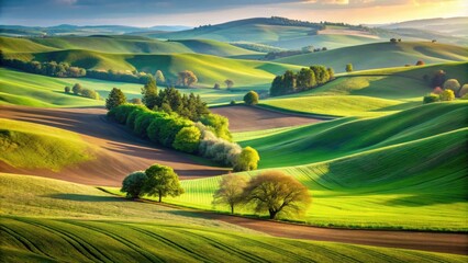 Rolling hills with patches of green fields and clusters of trees scattered throughout, countryside, hilly, nature, landscape