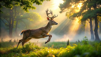 A majestic white-tailed deer in mid-stride, antlers held high, amidst a verdant forest landscape with sun-dappled trees and a misty atmospheric backdrop.