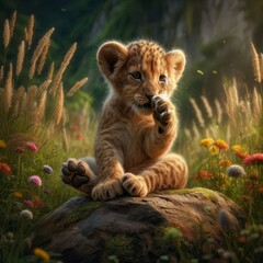 Adorable Lion Cub Sitting on Rock in Flower Field