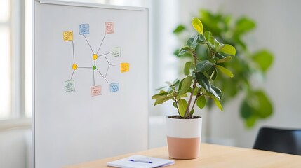 Business plan flowchart on a whiteboard in a conference room, collaborative planning session