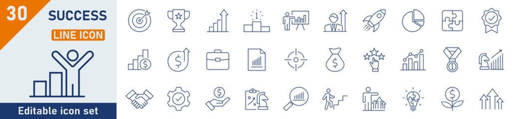 Success line icon set. Set of 30 outline icons related to progress, career, growth, profit and others. Success outline icons collection. Vector illustration.