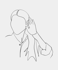 Simple line art of a faceless person cupping their ear, symbolizing listening, hearing, or communication concepts in minimalistic style.