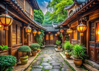 Naklejka premium Ancient oriental architecture with curved tiled roofs, vibrant lanterns, and intricately carved wooden doors, surrounded by lush greenery and rustic stone pathways, evoking nostalgia.