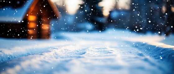 Obraz premium A picturesque winter scene featuring softly falling snow over a serene pathway, inviting tranquility and seasonal beauty.