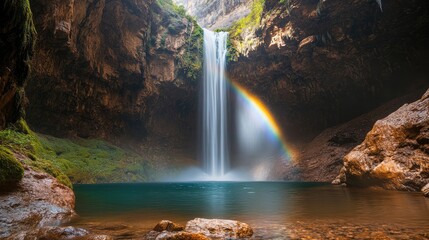 Stunning Waterfall with Rainbow in Canyon
