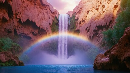 Stunning Waterfall with Rainbow in Canyon