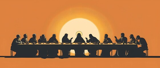 Silhouette of Jesus and Disciples at Last Supper Against Sunset
