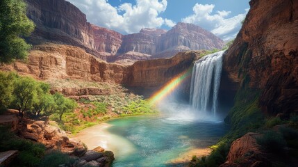 Stunning Waterfall with Rainbow in Canyon