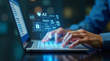 Futuristic Data Interface and High-Tech Keyboard Interaction