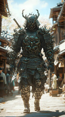 Fototapeta premium A samurai wearing menacing armor made from oni material, with a helmet, walking through an Edo period town during bright daylight