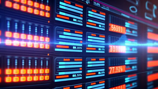 Close-up of a server array with illuminated data panels