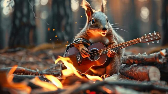 Squirrel Playing Guitar by Bonfire in Mystic Forest during Sunset
