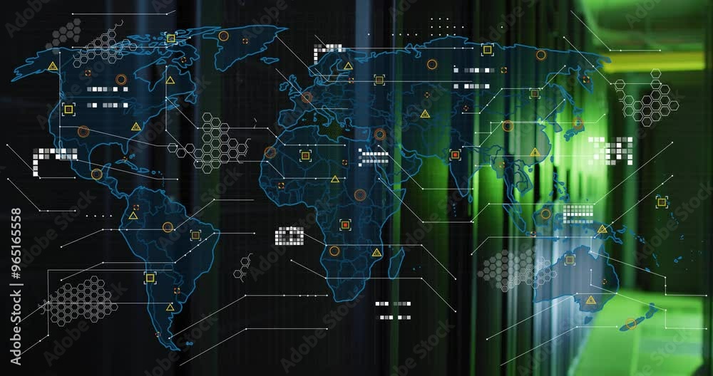 Poster animation of world map and digital data processing over computer servers