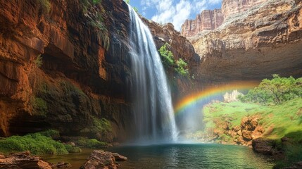 Stunning Waterfall with Rainbow in Canyon