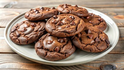 Obraz premium Delicious and chewy brownie chocolate chip cookies on a white plate, brownie, chocolate chip, cookies, dessert, homemade