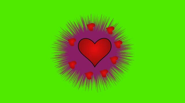 Animated floating heart icon moves around with and light bursts against a green screen background
