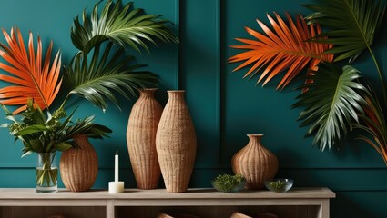 Tropical Elegance: Vibrant Wall with Woven Decor