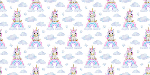 Fairy tale unicorn, Rainbow, stars and clouds. Watercolor nursery seamless pattern. Cute baby print for kid's goods, clothes, textiles, baby shower and children's room