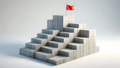 Fototapeta premium Concrete stair steps arranged progressively higher, ending with a red flag on the highest step. Isolated on a white background, concept of success. 3D Rendering