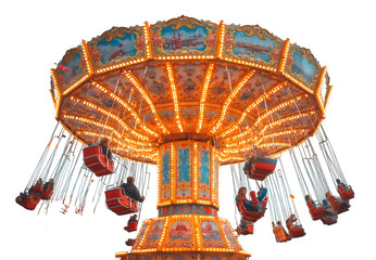 A vibrant carnival ride illuminated by colorful lights, filled with excited people enjoying the thrilling experience.