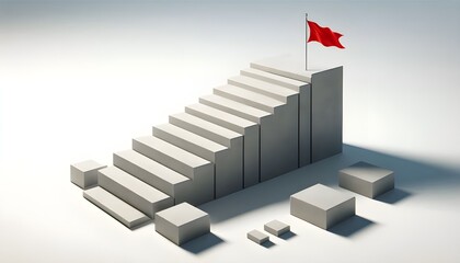 Obraz premium Concrete stair steps arranged progressively higher, ending with a red flag on the highest step. Isolated on a white background, concept of success. 3D Rendering