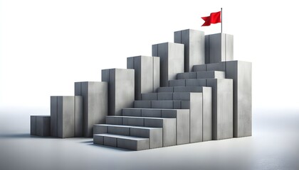 Fototapeta premium Concrete stair steps arranged progressively higher, ending with a red flag on the highest step. Isolated on a white background, concept of success. 3D Rendering