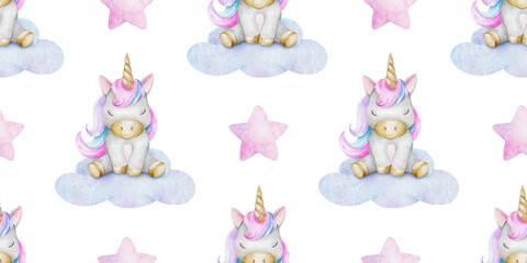 Fairy tale unicorns sit on clouds, stars. Watercolor nursery seamless pattern. Cute baby print for kid's goods, clothes, wallpaper, textiles, scrapbooking, baby shower and children's room