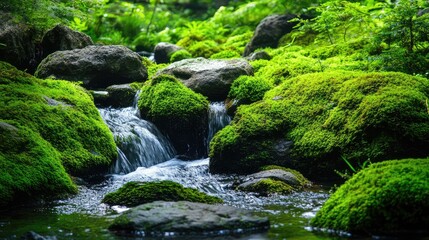Fototapeta premium Moss-Covered Rocks on a Forest Path 